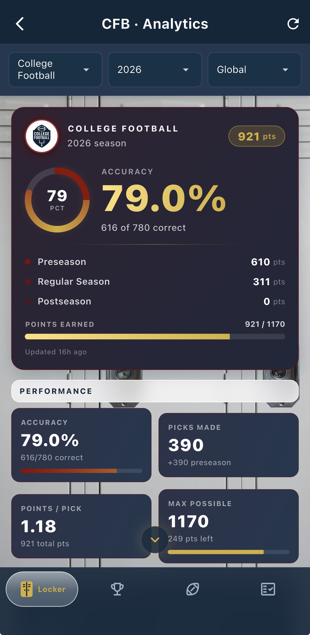 Reviewing your pick history and stats in the Pick'Em Sports app.
