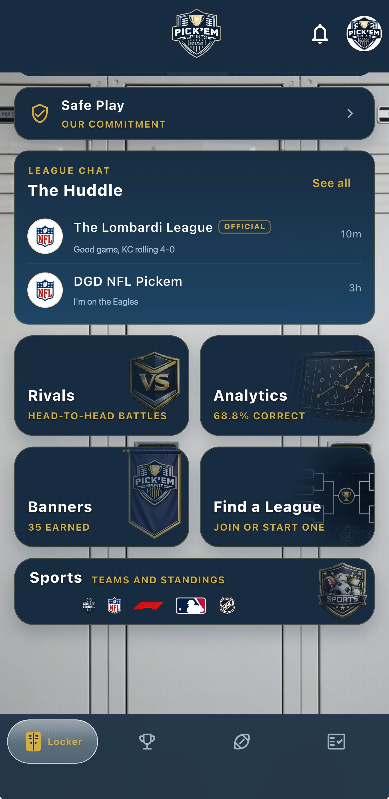 The Pick'Em Sports locker room: leagues, sports, rivals, banners, and analytics, all in one app.