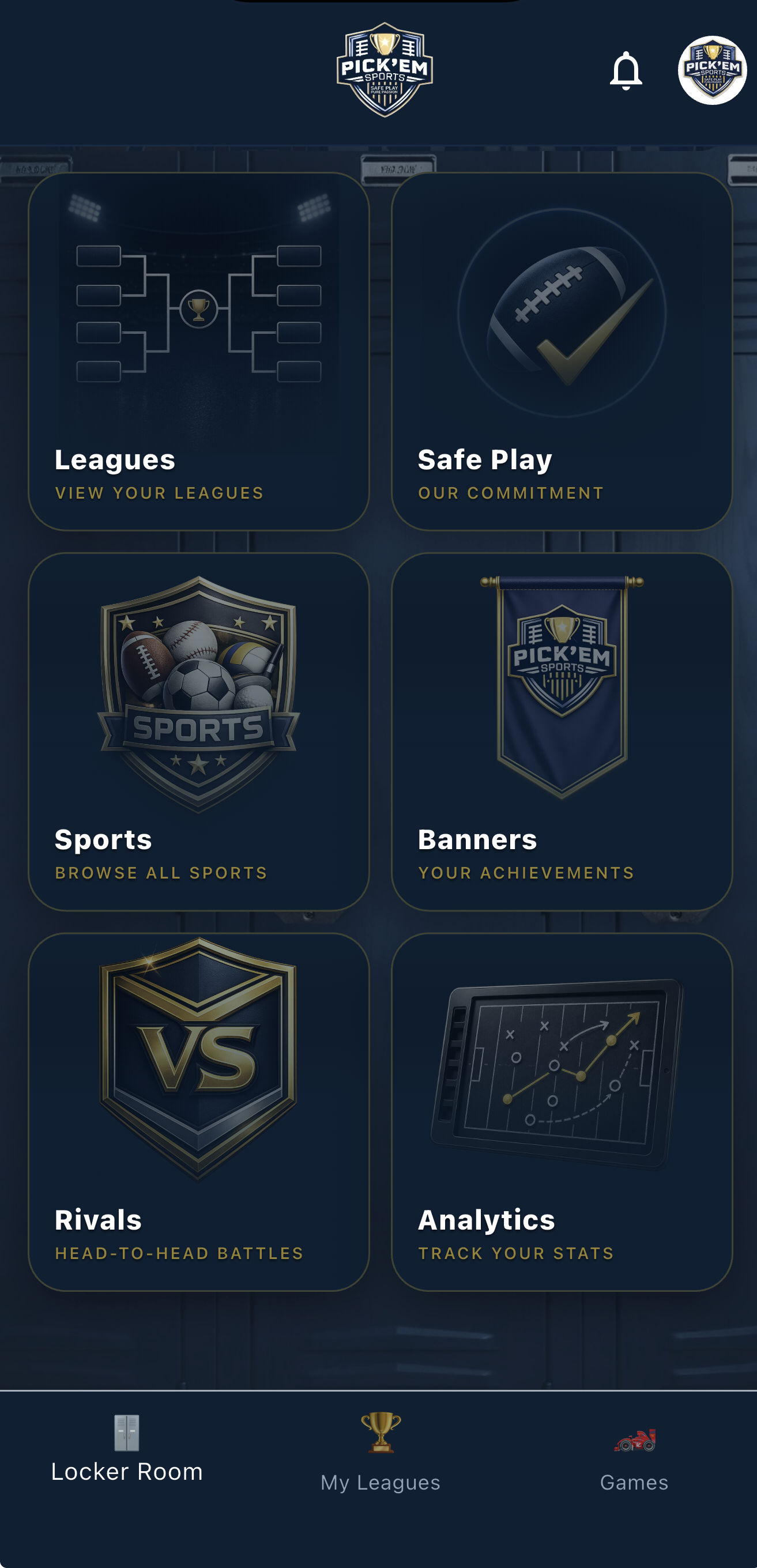 The Pick'Em Sports locker room: leagues, sports, rivals, banners, and analytics, all in one app.
