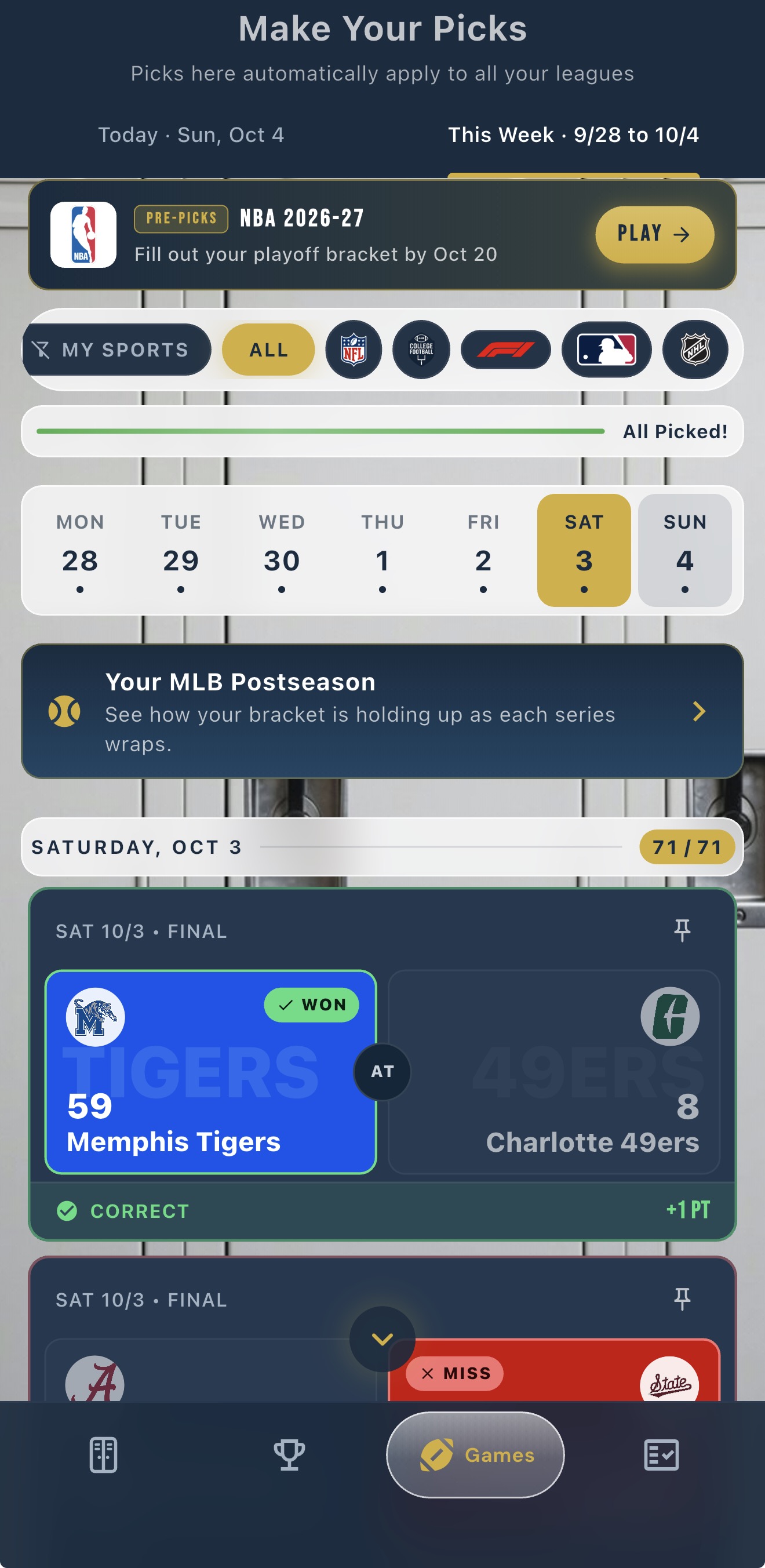 Making picks in the Pick'Em Sports app: free to play, no wagers, no buy-in.