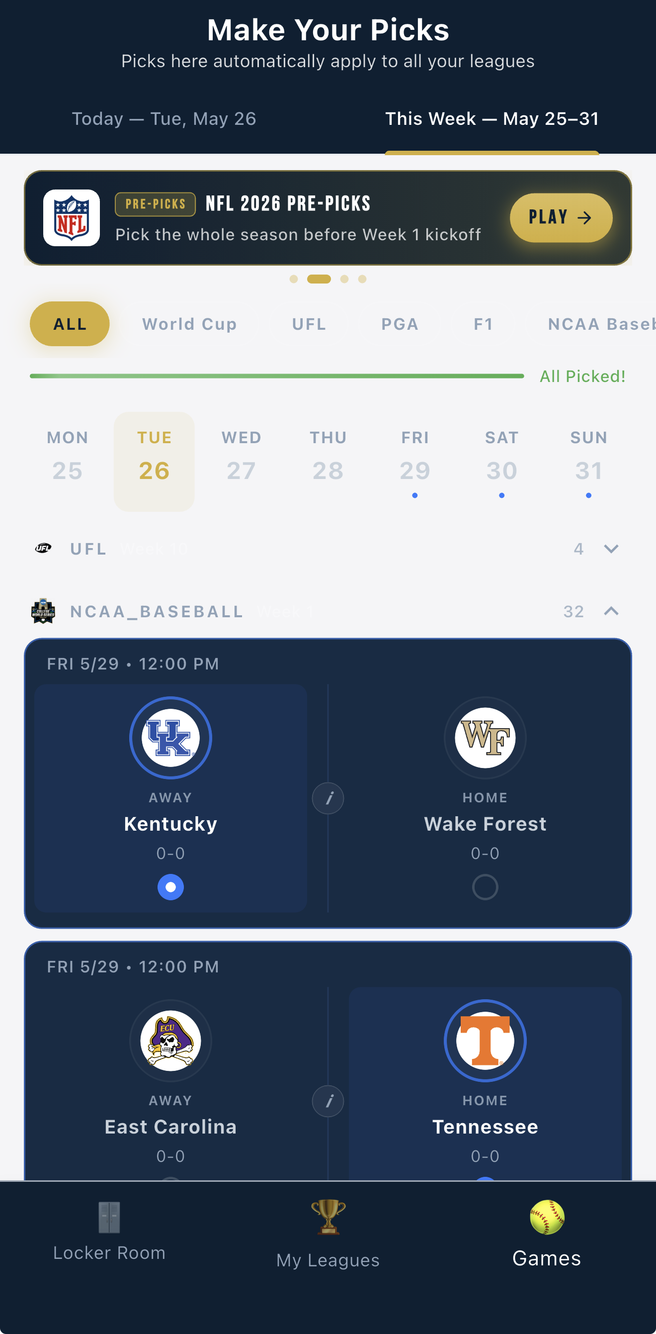 Making picks in the Pick'Em Sports app: free to play, no wagers, no buy-in.
